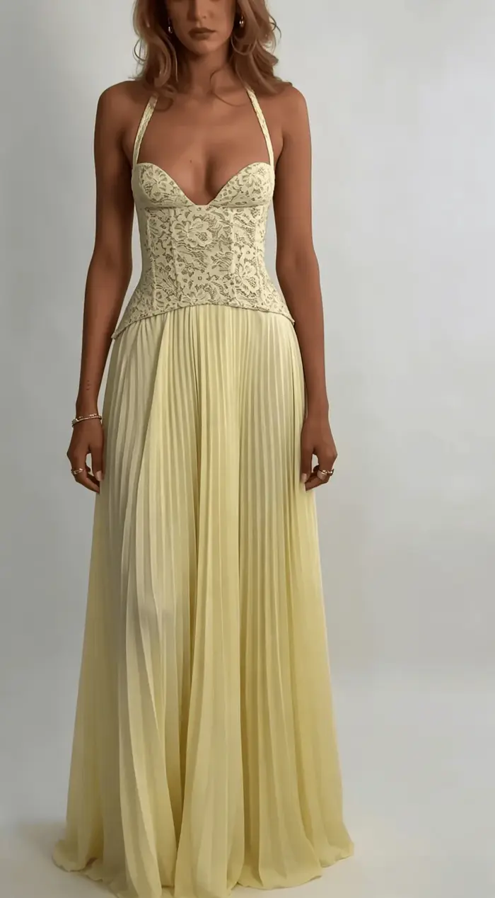 Robe de soirée sexy pour femme style corset floral à licou en mousseline plissée longue et fluide pour gala et occasions spéciales