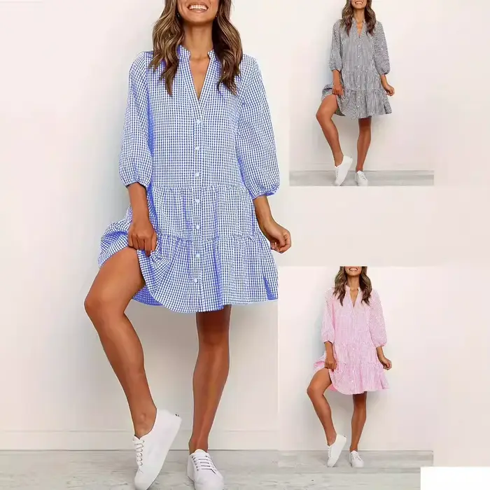 Robe de plage à demi-manches col en V patchwork boutonnée décontractée élégante pour femmes occasions spéciales été vacances 2025