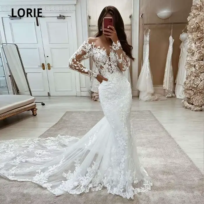 LORIE-Robe de Mariée en Dentelle Style Sirène Boho, Manches sulf, Vintage, Blanc, Ivoire, sur Mesure