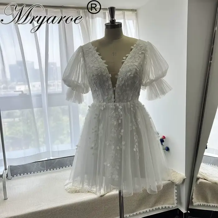 Mryarce Robe de mariée courte en tulle froncé avec manches bouffantes et dentelle