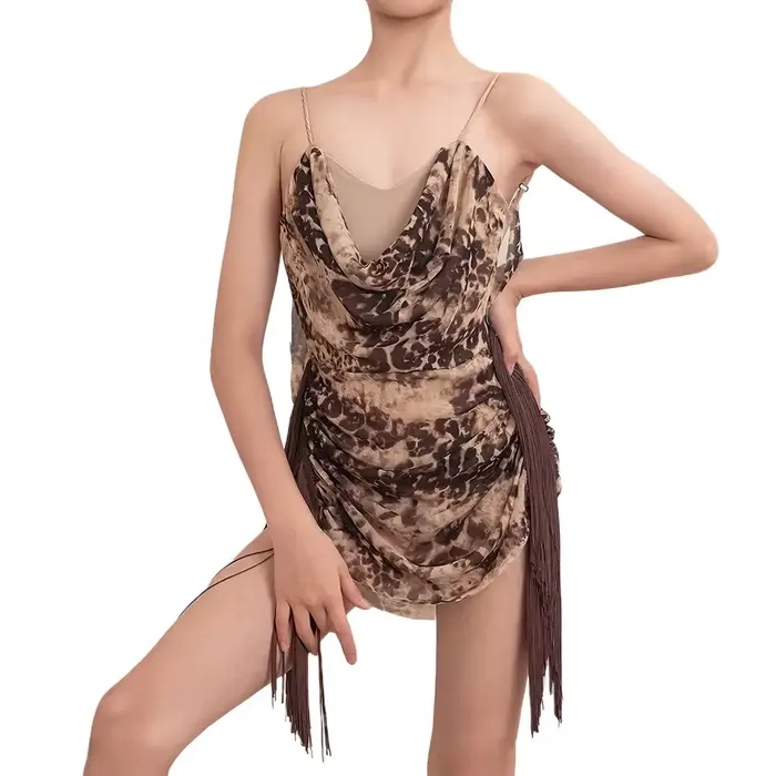 Robe de danse latine à imprimé léopard avec franges, bretelles spaghetti, dos nu, pour filles, pour