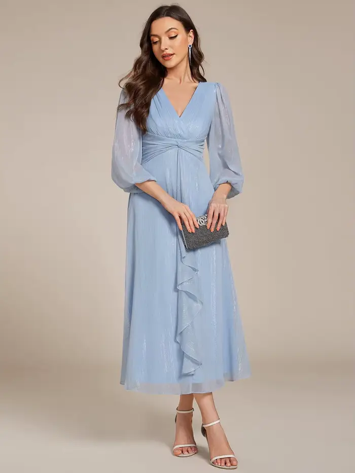 Robes de soirée élégantes, col en V profond, manches longues, longueur genou, Ever Pretty, en mousseline de soie brillante, bleu ciel, robes pour invitées de mariage