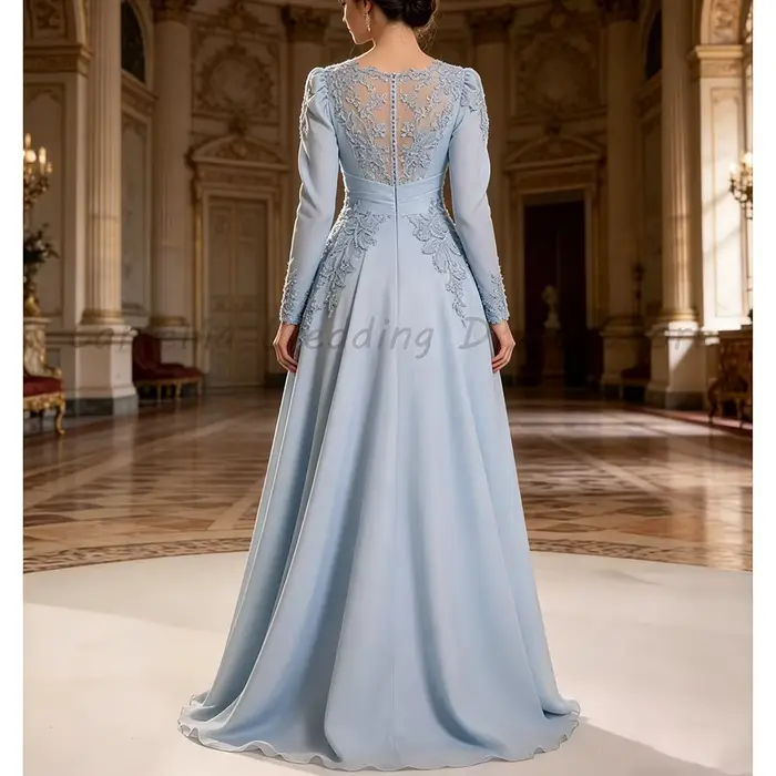 Robe de soirée en mousseline bleu clair col en V manches longues bouffantes appliques florales 3D en dentelle pour invitées de mariage bal de promo ou soirée formelle