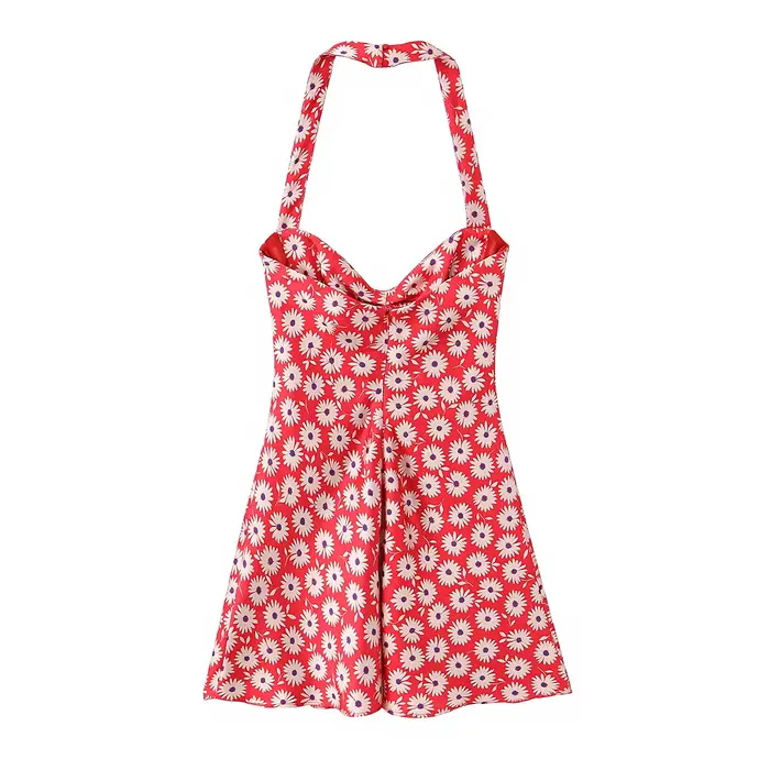 Robe d'été femme en polyester rouge à motifs marguerite col cœur sans manches mini trapèze pour occasions spéciales