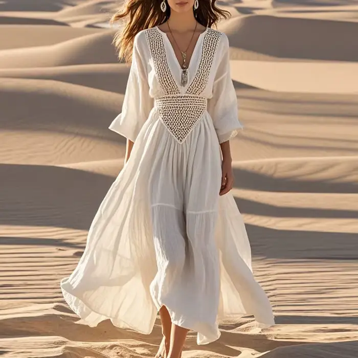 Vintage Boho Vintage robe de plage creuse femme printemps solide Sexy col en V ample fête longue rob