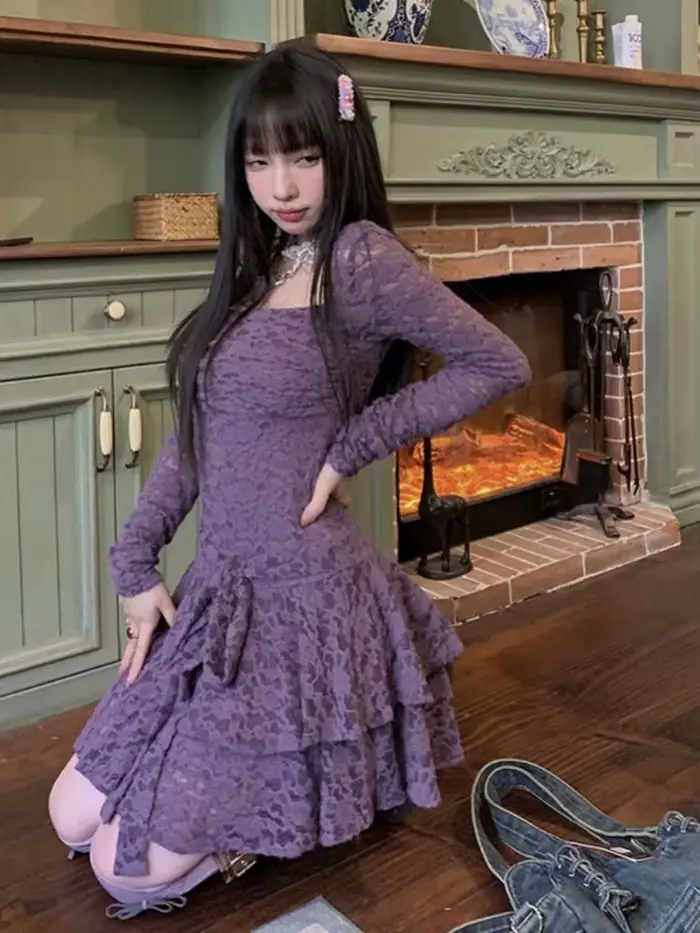 Robe décontractée en dentelle KOSAHIKI col carré taille cintrée tunique pour femme occasions spéciales années 2000