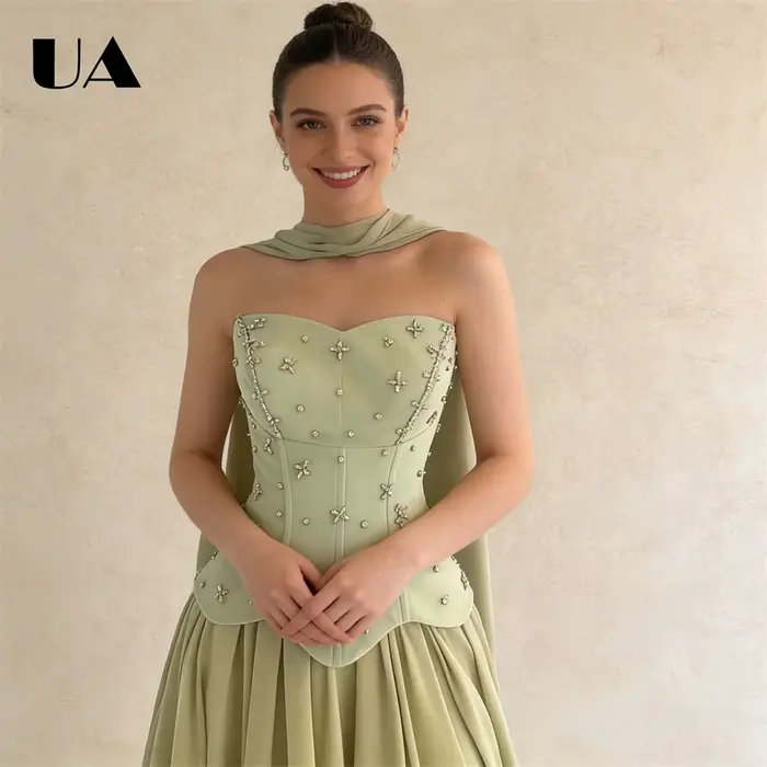 Robe de bal sans bretelles en satin vert sauge pour femmes corsage corset orné cape détachable soirée mousseline de soie occasions spéciales