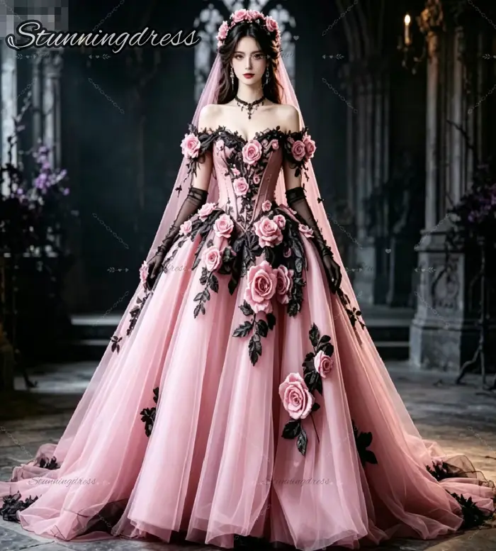 Robe de mariée gothique violette Whimsigoth avec motifs floraux roses épaules dénudées silhouette princesse victorienne soirée grunge enchantée occassionnelle pour femme
