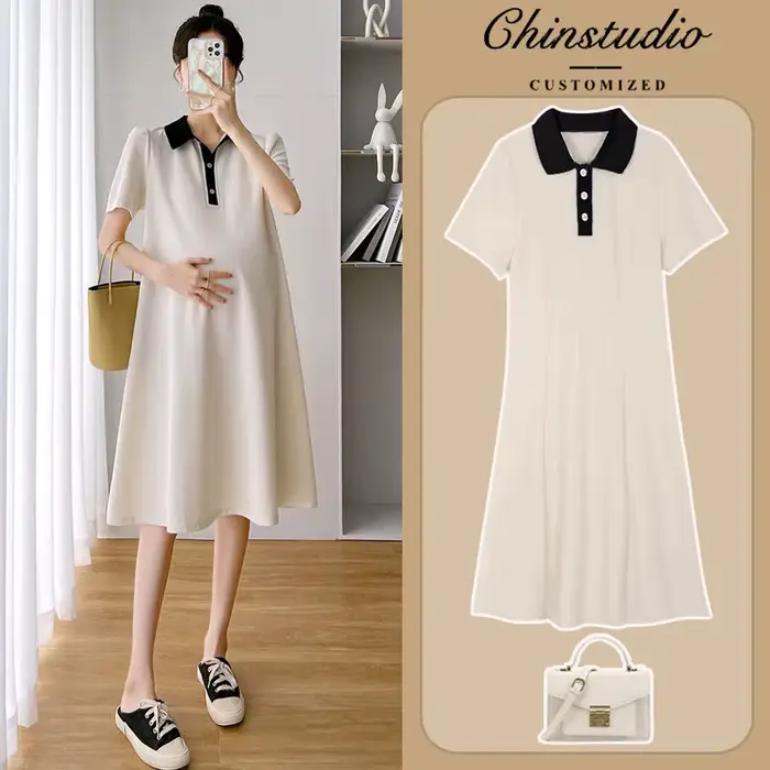 Robe de maternité d'été à manches courtes col rabattu polyester élasthanne dessin animé drap fin pour femmes occasions spéciales grossesse confort élégance