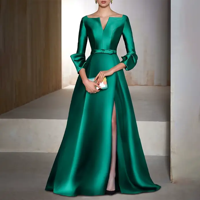 Robes formelles en Satin vert émeraude pour femmes, manches 3/4, ligne A, robes de soirée élégantes,