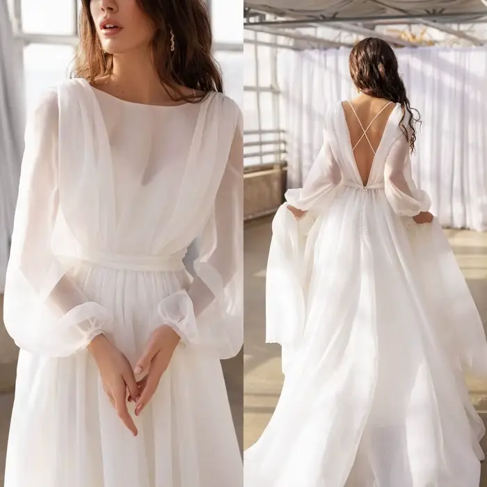 Robe de soirée en mousseline de soie blanche pure, personnalisée, exquise, délicate, manches longues