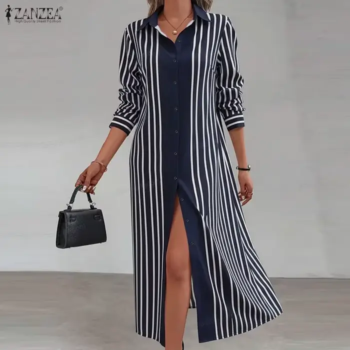 Robe longue ZANZEA à col rabattu pour femmes, rayures contrastées, manches longues, boutonnée, printemps été, polyester élasthanne, occasions spéciales ```
