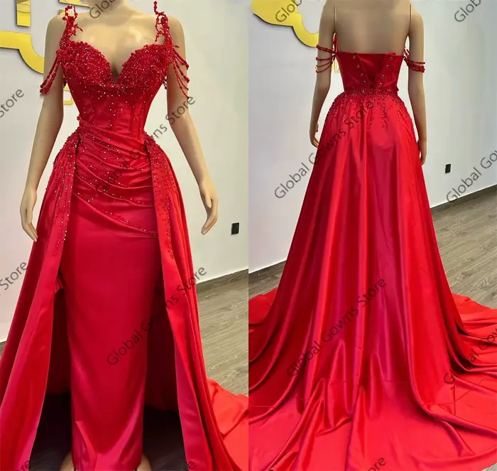 Robe de soirée rouge chérie noire pour filles, perles, robes d'occasion de mariage, appliques, plis, chic et élégante, robe personnalisée pour femme