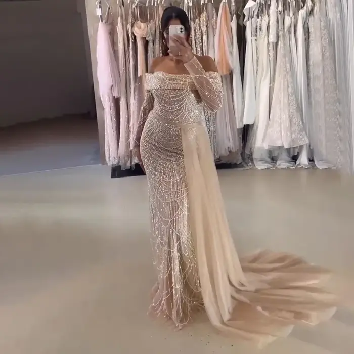 SERENE HILL-Robe de soirée de forme sirène, luxueuse tenue de soirée, couleur chair, col bateau, sur