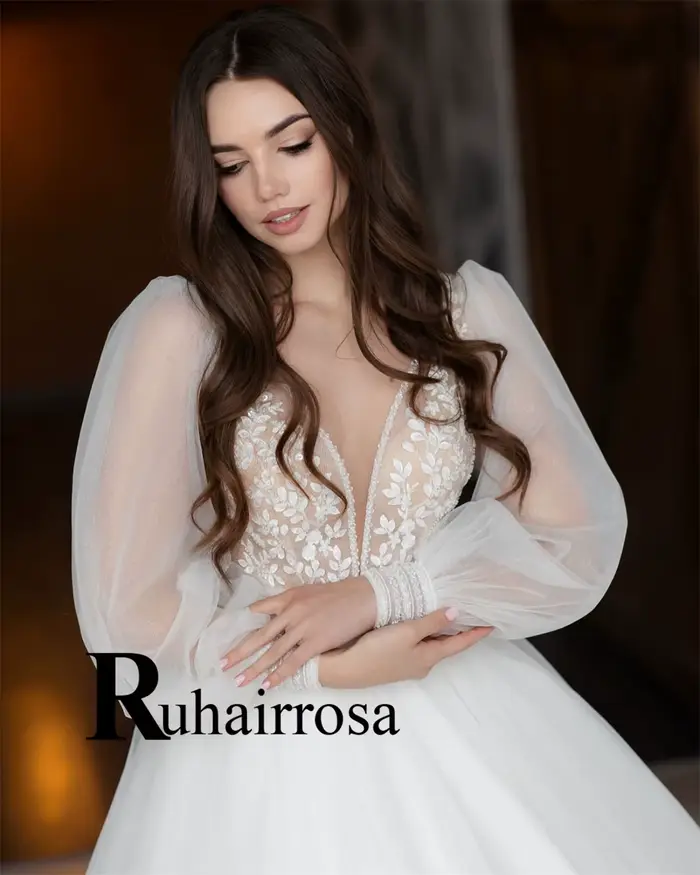 Robe de Mariée Bohème Ruhair Rosa Blanche Ivoire Champagne avec Manches Bouffantes Appliques Perles Dos Nu Occasions Spéciales