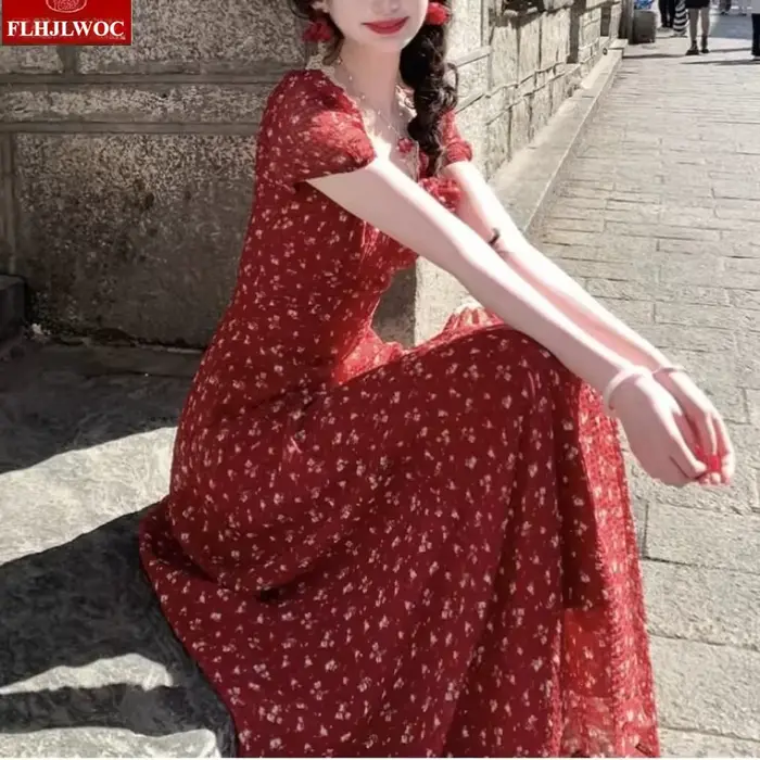 Robe longue maxi vintage à imprimé floral pour femmes, coupée trapèze, taille à lacets, col en V, pour Nouvel An et autres occasions spéciales
