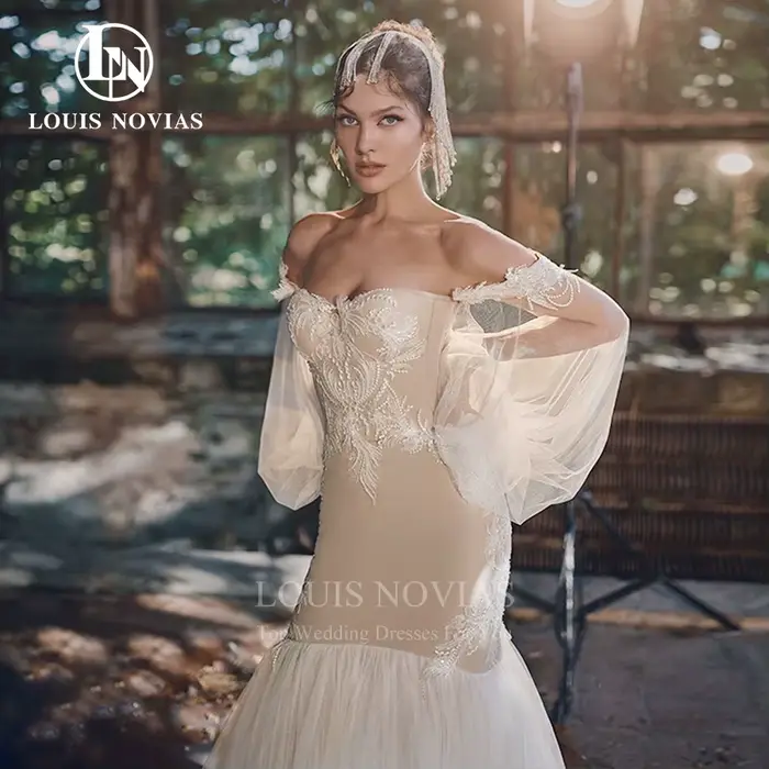 Modis-Robes de mariée sirène dos nu à manches bouffantes
