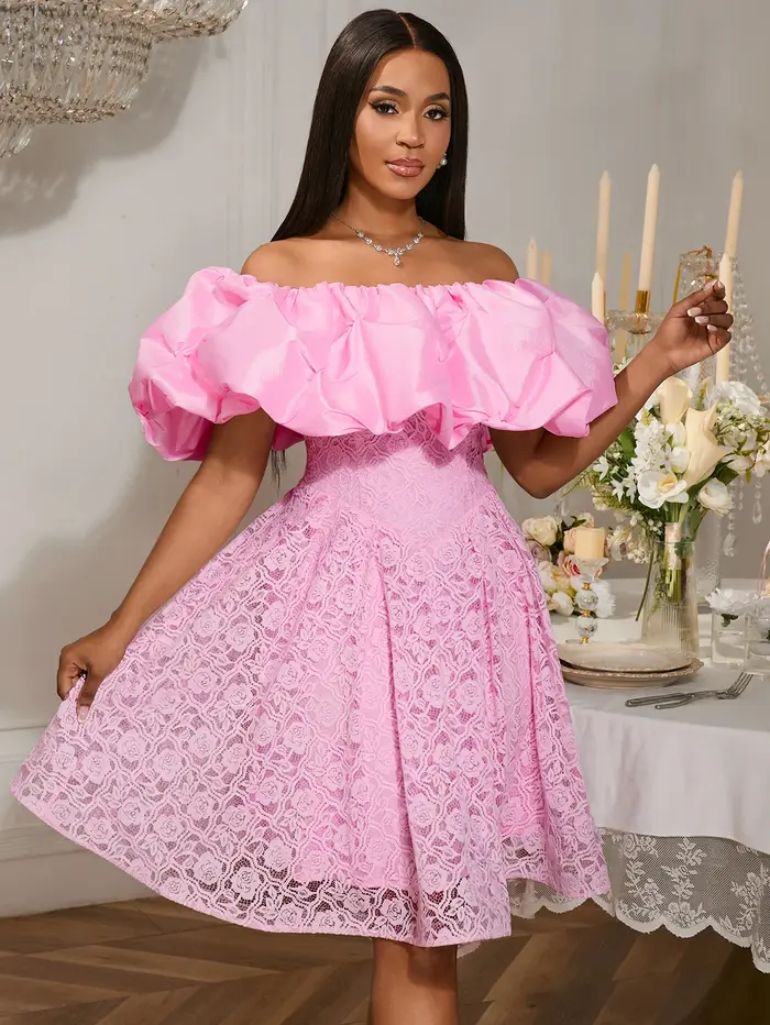 Robe rose à épaules dénudées manches bouffantes dentelle florale ligne A pour femmes soirées d'entreprise anniversaires mariages