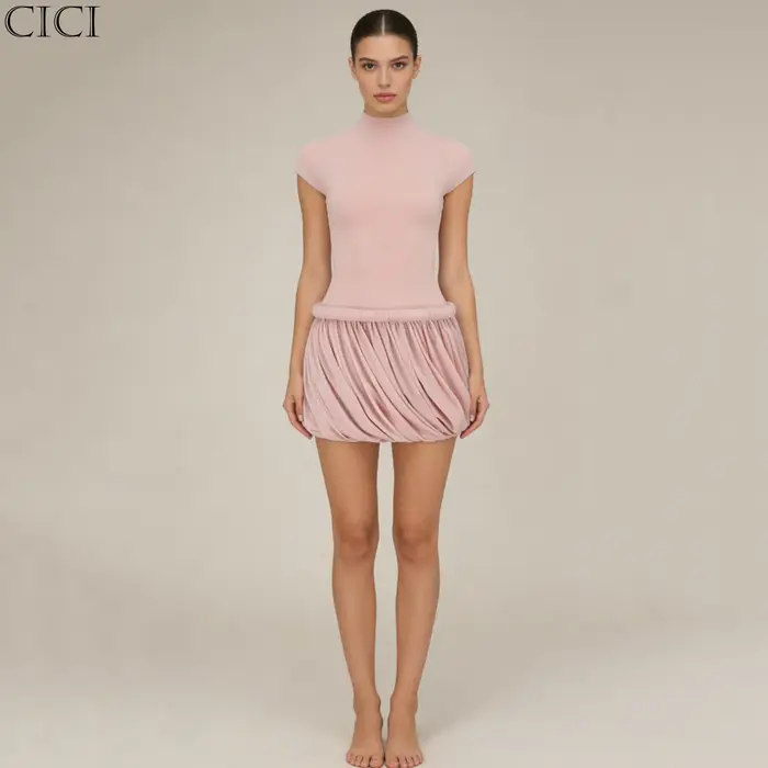 Nouvelle Robe Courte Femme CiCi 2026 Col Montant Manches Courtes Jupe Drapée Froncée Décontractée So