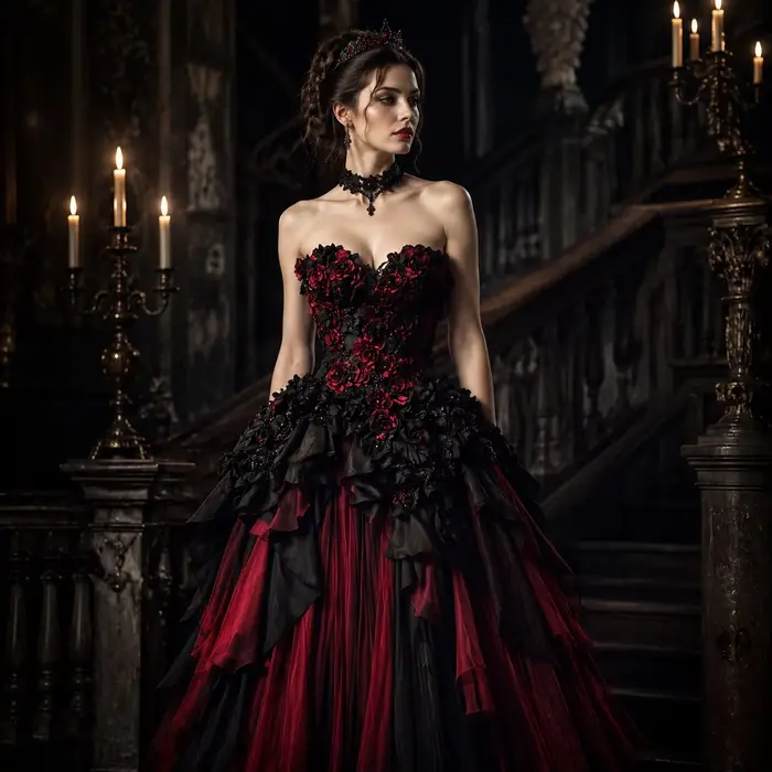 Robe de mariée gothique noire et bordeaux avec fleurs roses et volants