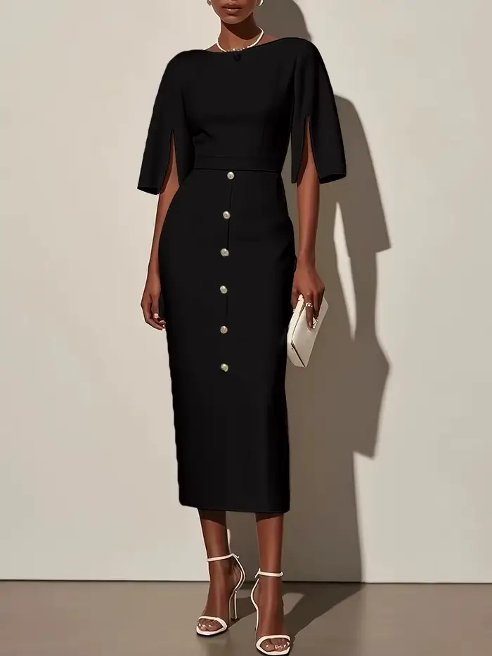 Robe fourreau midi moulante élégante pour femme, col rond, manches mi-longues, boutonnée sur le deva