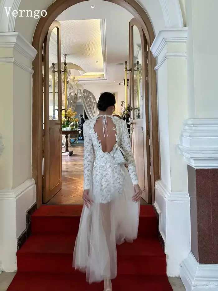 Robe de mariée courte en dentelle sexy Verngo, col montant, coupe A, plissée, robes de mariée modernes, robe de bal, robe de mariée personnalisée, vestido de novia