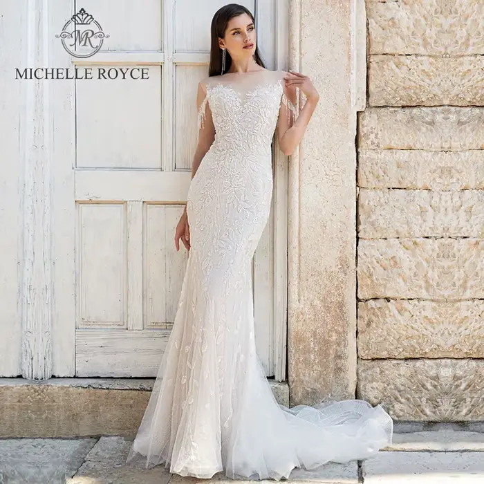 Michelle Royce-Robes de mariée sirène dos nu avec pompon, robes de mariée sexy, train de cour