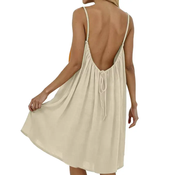 Robe de plage plissée en soie glacée pour femme, couleur unie, dos nu, bretelles courtes, en polyest