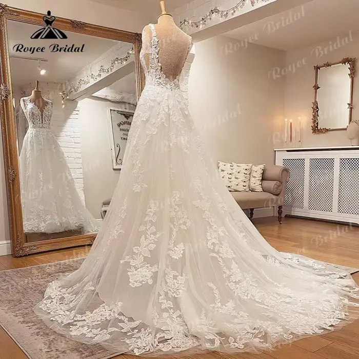 Robe de Mariée Bohème Personnalisée Blanc Dentelle Appliques Dos Nu Occasions Spéciales