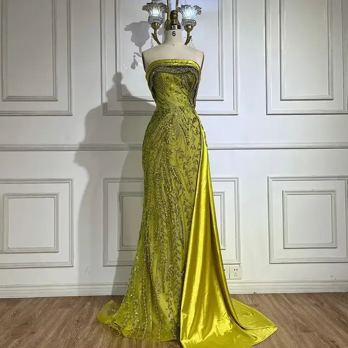 Robe Sirène en Satin Nu, Perles, Luxe et Train de Cour Personnalisée pour Femmes Occasions Spéciales