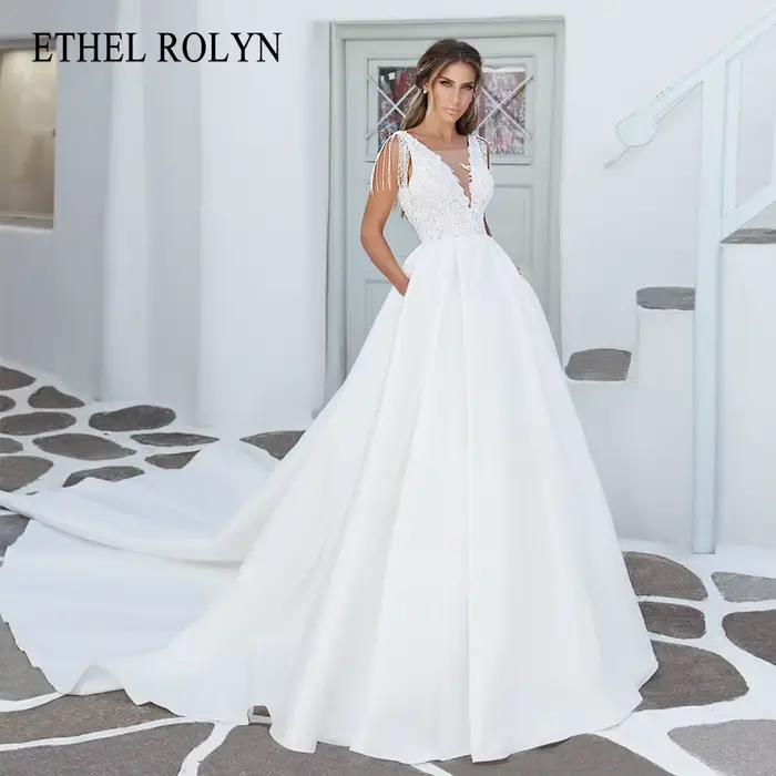 ETHEL ROCircN-Robes de mariée A-ligne avec appliques de perles, robe de mariée élégante, col en V, s