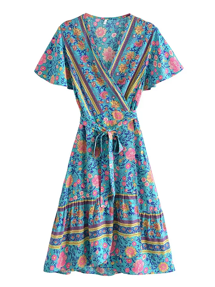 Mini robe bohème à col en V pour femmes, mode chic vintage, imprimé floral, hippicopter, manches cou