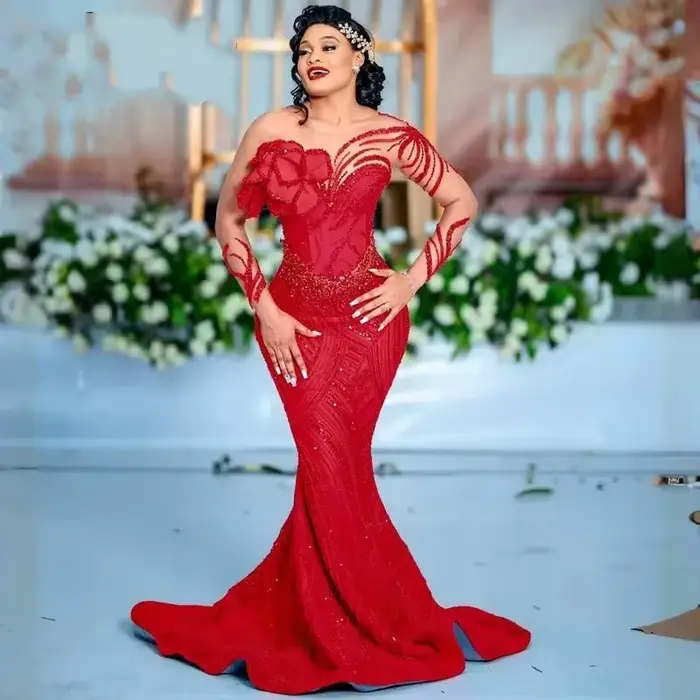 Robe de soirée de luxe rouge Aso Ebi