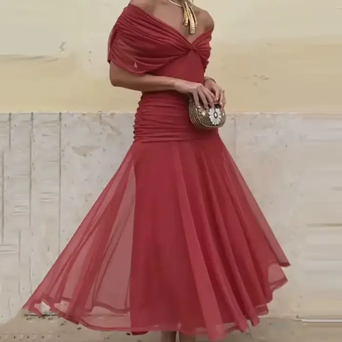 Robe de soirée longue en maille plissée pour femmes