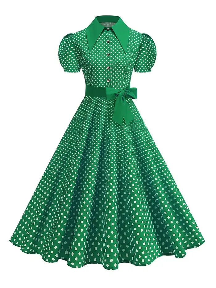 Robe à pois élégante avec ceinture à nœud pour femmes, coupe régulière, longueur mi-longue, imprimé rétro tendance, printemps/été