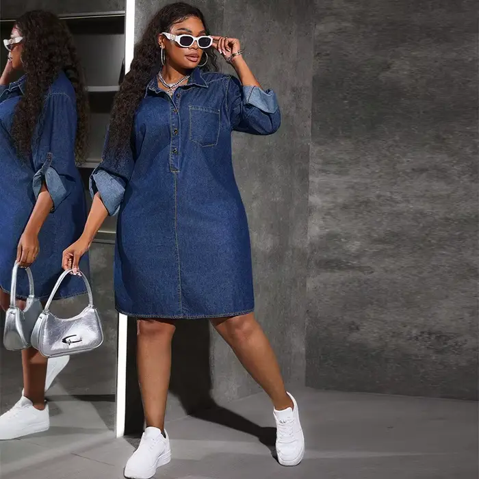 Robe mi-longue en jean pour femme, style Y2K streetwear, col rabattu, manches longues, élégante, vin