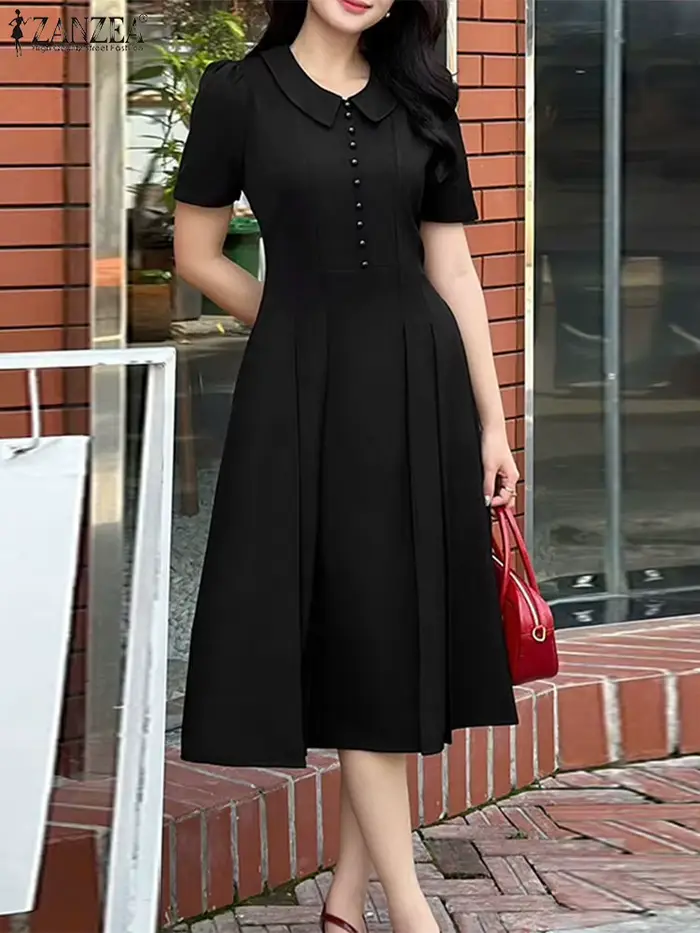 Robe d'été ZANZEA élégante à manches courtes pour femmes occasions spéciales polyester mi-mollet style bureau femme