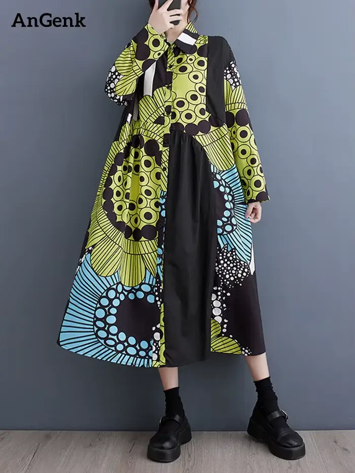 Robe chemise à manches longues imprimée vintage pour femmes, élégante et décontractée, idéale pour l'automne et les occasions spéciales