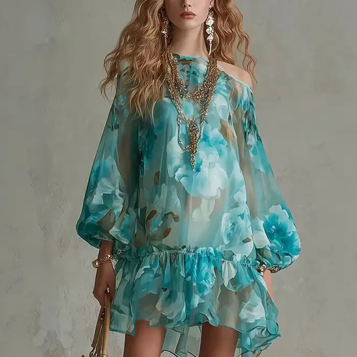 Robe florale style vacances, épaules dénudées, sexy et douce, mini-robe féerique ample, nouvelle col