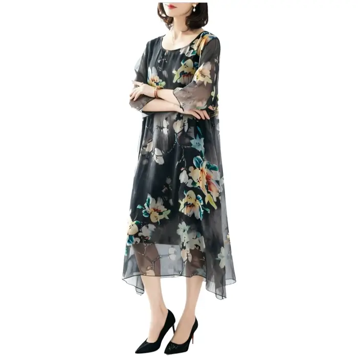 Robe midi grande taille en polyester avec décolleté moderne pour femmes, élégante et confortable pour les mères d'âge moyen, occasiions spéciales et quotidienne