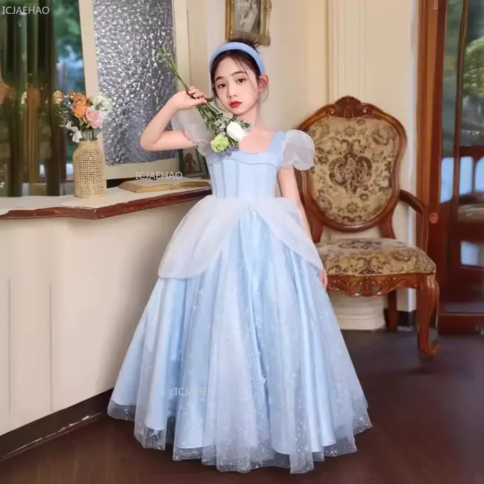 Robe de Princesse Bleue pour Filles Robe de Bal avec Dentelle pour Cérémonies Formelles Anniversaires Spectacles