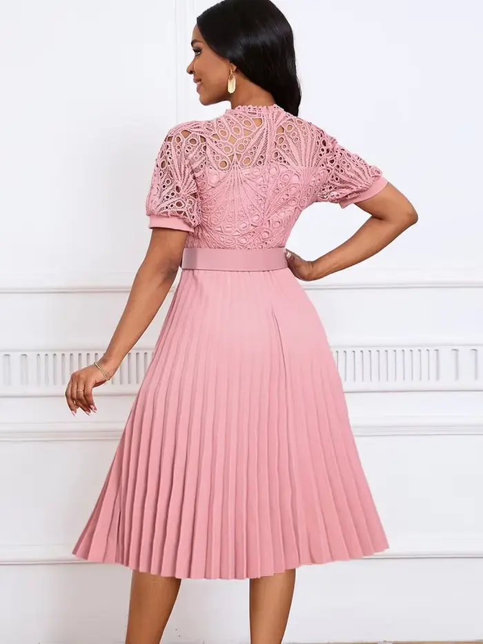 Robe Midi Plissée à Manches Courtes et Col Rond pour Femme
