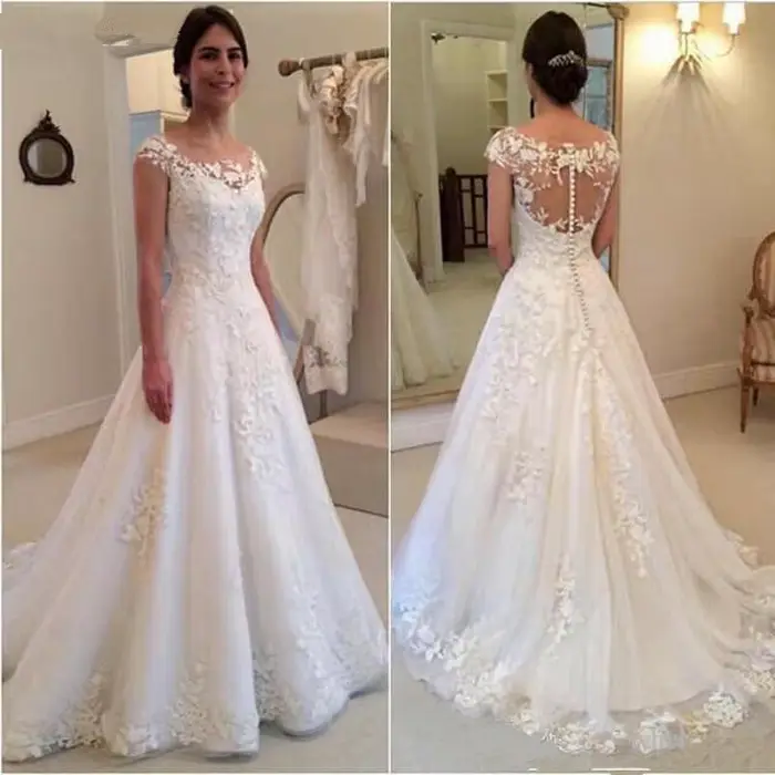 Robe de mariée en dentelle blanche élégante avec appliques, dos transparent, mancherons, robe de mar