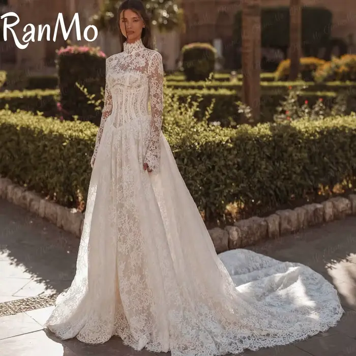 Ranmo nouveau 2025 robe de mariée blanche col haut a-ligne manches longues dentelle robes