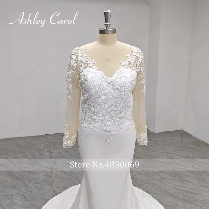 Ashley Carol robe De mariée sirène photos réelles Appliques classiques bouton brosse Train Satin