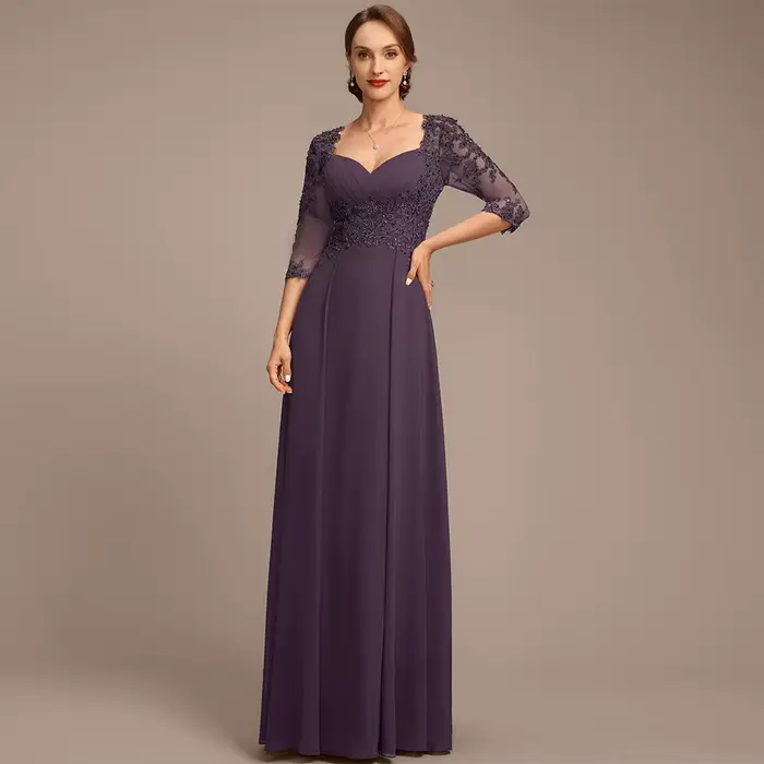 Robe élégante personnalisée de mère de la mariée en mousseline de soie avec col en V et manches 3/4 pour cérémonies de mariage et soirées spéciales