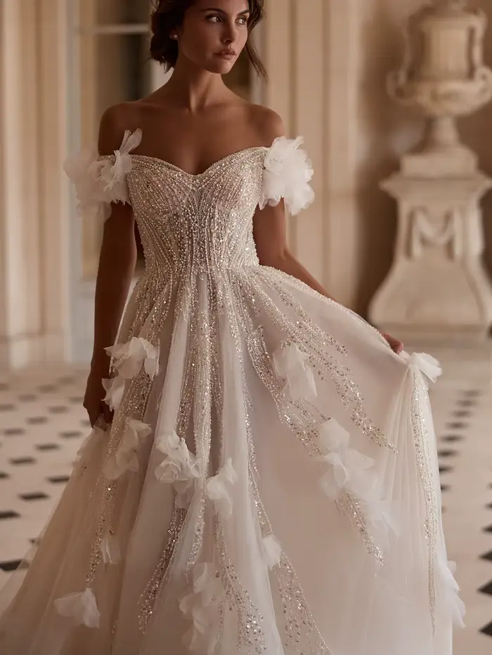 Robe de mariée éblouissante 3D florale transparente coupe trapèze