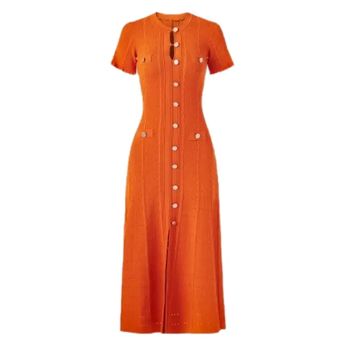 Robe midi élégante de style français à manches courtes en maille côtelée