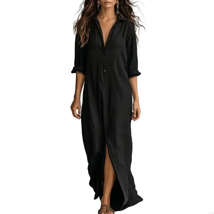 Robe en coton lin couleur décontractée pour femmes, robe chemise bohème boutonnée sur le devant, ada