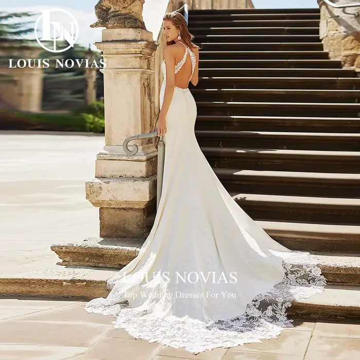 LOUIS NOVIAS robes De mariée sirène pour femme col rond brodé découpé Satin robe